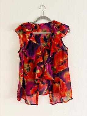 Vintage Sunny Leigh Red Multi Ruffle Front Sleeveless Blouse